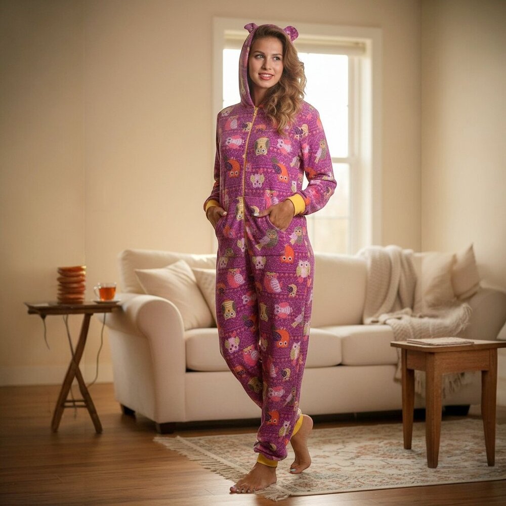 Owl Print One-Piece Pajamas – Bear Ears • Zip-Up • Cozy Fleece • Hooded Whimsy